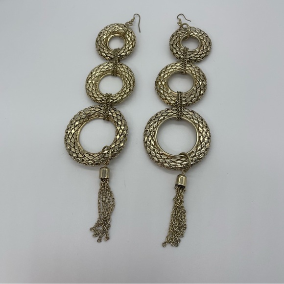 Trendy Three Tier Statement Earrings Gold Shoulder Duster - Picture 3 of 7